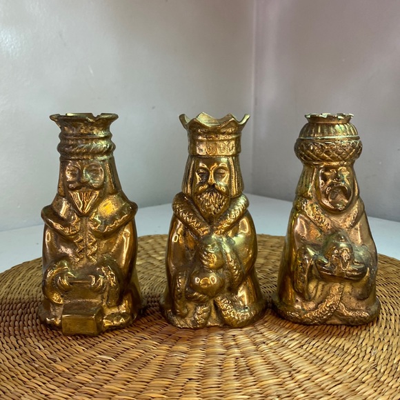 Vintage Lot of 3 Ornate Brass Metal Three Kings Wisemen Candle Holders Figural